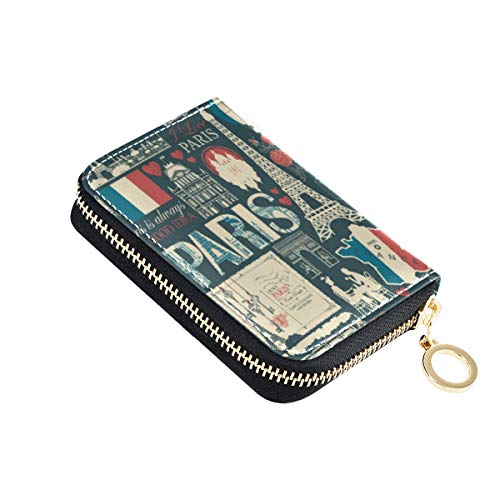 MOYYO RFID Credit Card Holder Case France Paris Theme Leather Printed Zipper Card Case Wallet for Women Girls