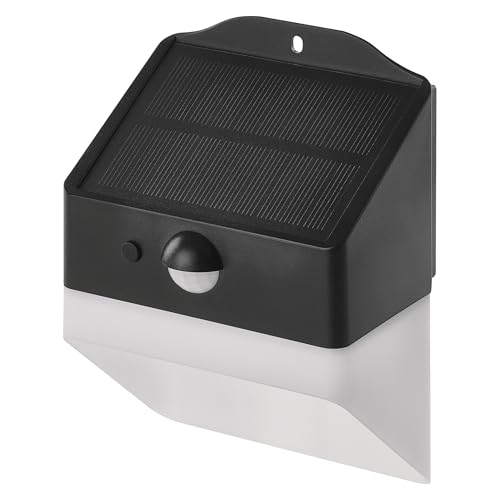 EMOS - LED Solarlampe LUNIS für Außen mit Bewegungsmelder - Solar Wandleuchte mit Haken für Haus/Garten - Sensor-Reichweite 6m/120° - 2 Lichtmodi, Helligkeit max. 220lm, Neutralweiß - weiß-schwarz