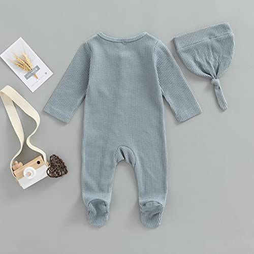 Newborn Infant Baby Boy Girl Fall Winter Clothes Long Sleeve Button Waffle Knit Footed Romper Hat 2Pcs Outfit3