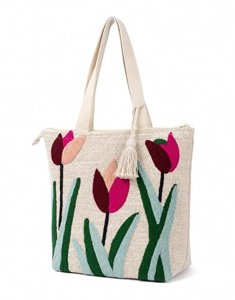 Embroidered Canvas Tote Bag, Cream, Floral Butterfly Design, Zipper Closure with Tassel-picture-50