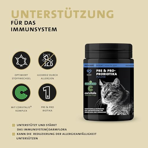 Peticare Katzen Präbiotika & Probiotika | Immunsystem stärken, Darmsanierung, Darmflora aufbauen | lindert Allergie-Anfälligkeit & Juckreiz | mit innovativem Corvitalis® Komplex - petCat Health 3501