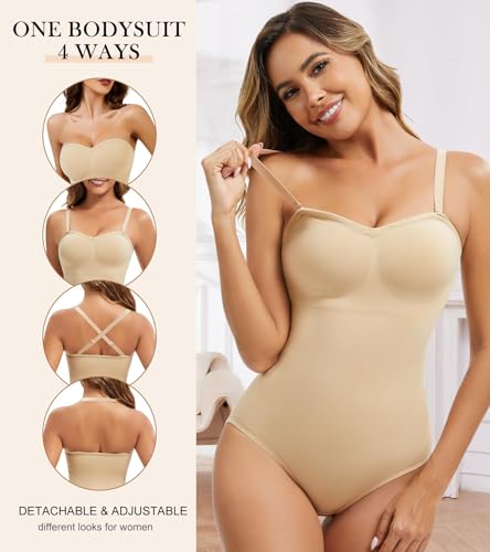 Image of Strapless Shapewear Bodysuit for Women With Built In Bra Seamless Tummy Control Tube Top Body Suit Body Shaper