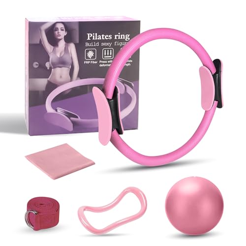 Kit Pilates Casa, Aro Pilates 38 cm, Accesorios Banda Elástica 1.5m, Pelota 25 cm, Anillo Yoga, Cinta Estiramiento, Entrenamiento Hogar, Gimnasio, Mujeres Principiantes
