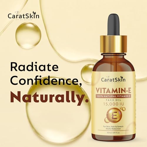 Image of CaratSkin Vitamin E Oil 50ml | 15000 IU High Potency | 100% Natural | Moisturizing Oil for Hair & Skin | Helps Reduce Stretch Marks, Fine Lines & Wrinkles | Restores Glow & Skin Elasticity | For All Skin Types
