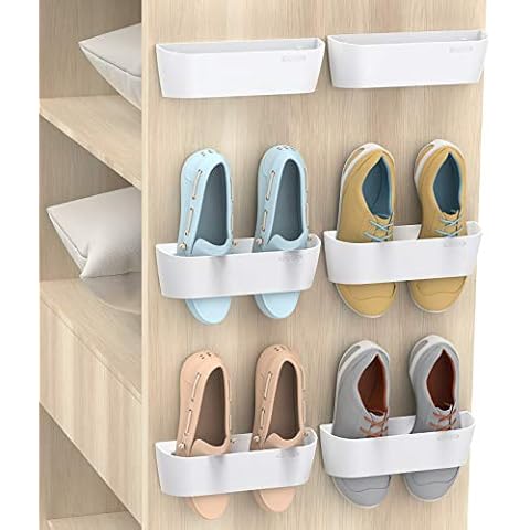 Yocice Wall Mounted Shoes Rack 6Pack with Sticky Hanging Strips, Plastic Shoes Holder Storage Organizer,Door Shoe Hangers (SM03-White-6) Cover