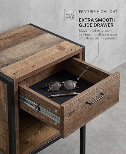 Image of Sierra Side Table with Drawer & Open Storage Shelf | Engineered Wood Bedside Table with Powder-Coated Metal Frame | Modern End Table for Bedroom & Living Room | Rustic Reclaimed Wood Finish