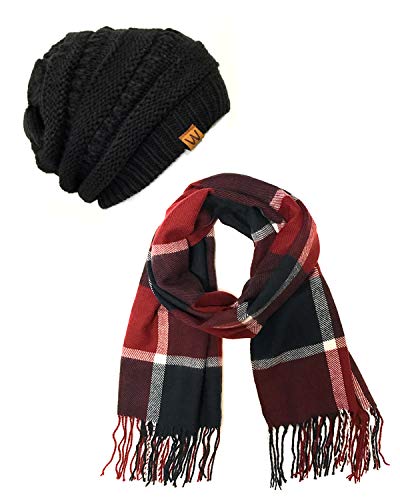 Wrapables womens Plaid Print Long Winter Warm Scarf and Beanie Hat Set