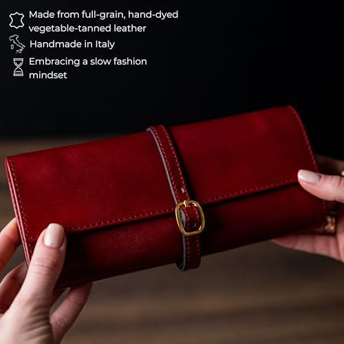 Image of Time Resistance Leather Jewelry Roll - Full Grain Leather Travel Jewelry Case - Jewellery Organizer Made in Italy (Red)
