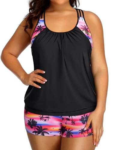Image of Womens Plus Size Tankini Swimsuit Two Piece Tummy Control Bathing Suit | Blouson Racerback Tankini Top with Shorts, Double Up Design, Removable Pad