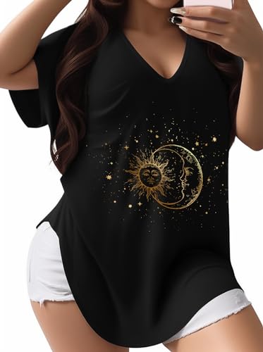 Plus Size Graphic Tees for Women - 1X-4X T Shirts Oversized Tshirts V Neck Loose Fit Summer Short Sleeve Top