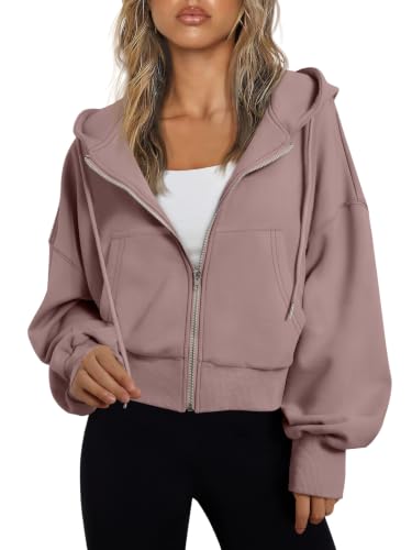 Image of Trendy Queen Womens Zip Up Hoodies Cropped Jackets Fall Outfits 2026 | lightweight comfort material, slouchy drop shoulder, casual travel winter clothes with pockets, airport workout athletic