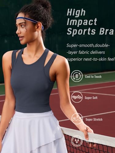 Image of RUNNING GIRL Sports Bras for Women High Impact Seamless Ribbed Longline High Neck Workout Crop Tank Tops Padded(BX3036Dark Grey,M)