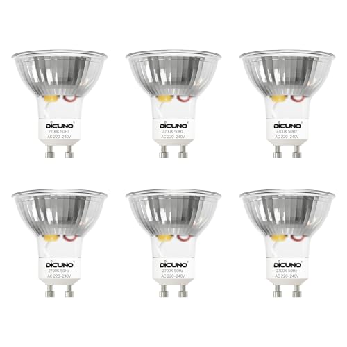 DiCUNO Lampadina LED GU10 5W, Equivalente 50W alogena, 400lm, Bianco caldo 2700K, Non dimmerabile, 220-240V, Angolo ampio 120°, Faretto LED per interni, 6 Pezzi