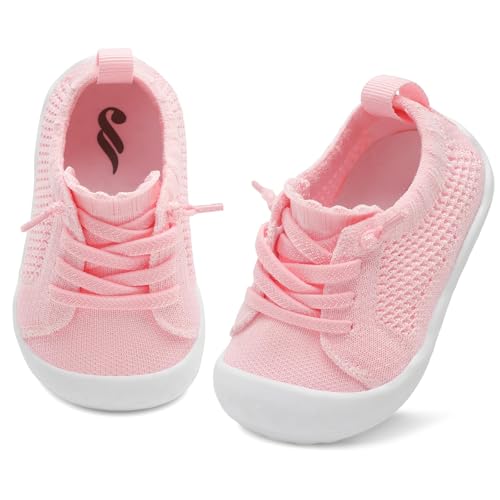 JIASUQI Baby Boys Girls Shoes Soft Breathable First Walking Shoes Slip on Sneakers for Indoor Outdoor(Pink K 128,12-18Months)