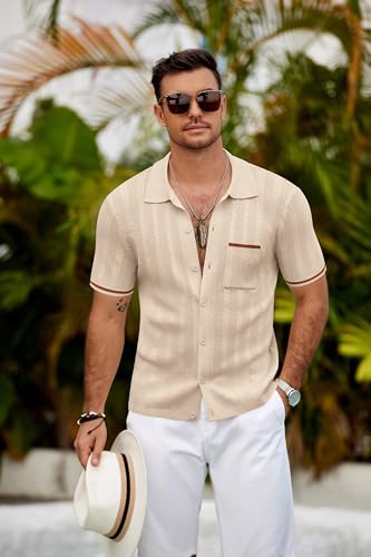 COOFANDY Men's Knit Button Down Shirt 2025 Vintage Short Sleeve Polo Shirt Casual Beach Tops2