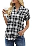 Veatzaer Women's Plaid Short Sleeve Button Down Shirt Casual Summer Blouses Tops Black