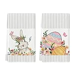 Artoid Mode Stripe Flowers Rabbit Bunny Eggs Easter Kitchen Towels Dish Towels, 42x65 cm Seasonal Spring Polyester Decoration Hand Towels Set of 2