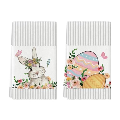 Artoid Mode Set di 2 asciugamani da cucina a strisce di uova di Pasqua coniglio pasquale, 42 x 65 cm, decorazione primaverile stagionale asciugamani