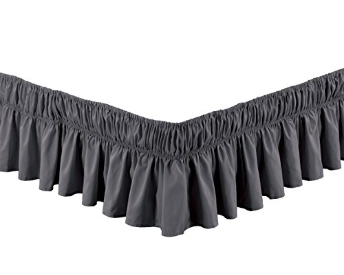 Grand Linen Wrap Around Dark Grey Ruffled Elastic Solid Bed Skirt Fits Twin, Twin XL and Full Size Bedding High Thread Count 14 inch Fall Microfiber Dust Ruffle, Silky Soft & Wrinkle Free.