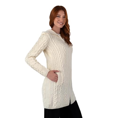 Image of SAOL 100% Merino Wool Aran Irish Cardigan for Women with Pockets, Hood and Celtic Zipper