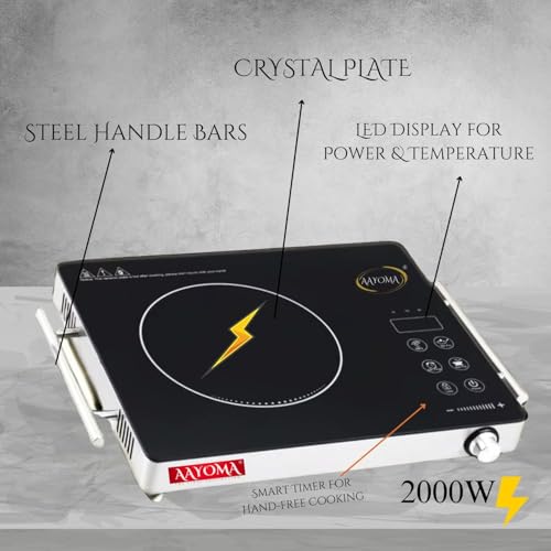 Image of 2000W Infrared Cooktop Stove with Overheat Protection, Crystal Glass Plate with Steel Handle Bars, Digital Display, Touch Control & Knob Control, Infrared Hot Plate | Classic Silver