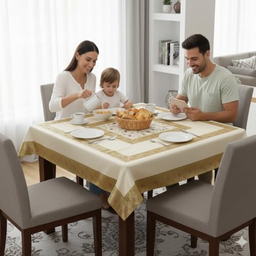 Image of New Year Room Decor Embroidery Brocade Silk Table Cover for Centre & Dinning Table and 4 & 6 Seater Dining Table /Tablecloth, (50 By 50 Inches) (Cream)