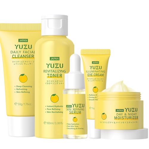 5PCS Yuzu Skin Care Sets & Kits - JAPAN Yuzu Skincare Set - Cleanser, Toner, Face Serum, Eye Cream, Face Cream - Skincare for Kids - Skin Care for Teenage Girls - Facial Kit for Women - Travel Kit