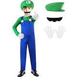 BOMLY Mario Costume for Kids Halloween Plumber Cosplay Outfit Boys Jumpsuit with Accessory (Kids-Green, Medium)