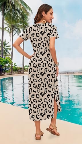 Image of MISFAY Womens Maxi Dress Short Sleeve V Neck Loose with Pockets | Soft stretchy breathable, v neck loose fit, side split hem, two side pockets, casual daily beach vacation travel dress
