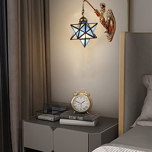 Errzom Moravian Star Wall Light, Tiffany Stained Glass Wall Sconce Lamp, Modern Led Wall Lighting Mediterranean Metal Base Antique Hallway Wall Lamp Bedroom Bedside Reading Lamp,Dark Blue #TOP2