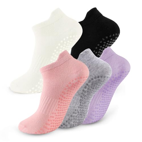 kepiibi 5 Pairs Pilates Socks with Grips for Women Non Slip Grip Yoga Crew Socks for Barre Hospital...