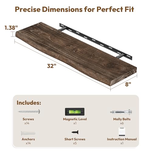 Image of Vivelove Wood Floating Shelves Live Edge 32 inch Set of 2, Dark Walnut