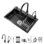 Black Kitchen Sink,Topmount Workstation Stainless Steel Single Bowl Sink with Pull Out Faucet,Soap Dispenser and Drain Basket (60 * 45 * 20cm)