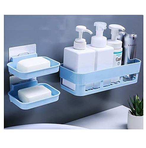 Rixim Multipurpose Kitchen Bathroom Shelve Wall Corner Shelf and Soap Box Dish Combo with Strong Magic Adhesive Sticker Set(Combo Pack)(Multicolor) (1 Bathroom Shelves + 2 soap Box)