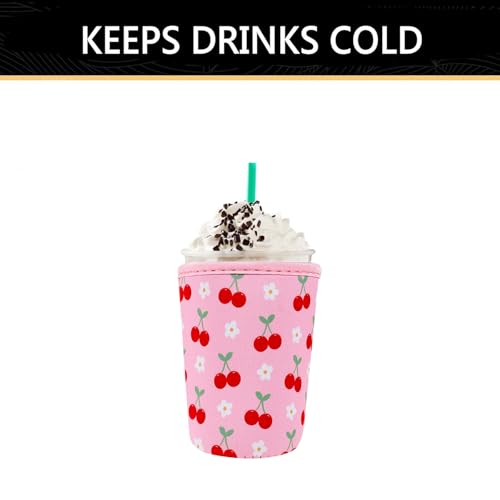 Image of YR Reusable Neoprene Insulator Sleeve for Iced Coffee Cups, 3 Pack Coffee Coolies sleeves for Iced & Hot Drinks, Cold Beverage Cooler Compatible with Starbucks Coffee and More (Cute Cherry)