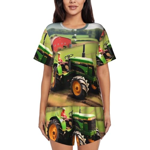 Pyjama deux pièces femme original motif tracteur agricole col rond et short