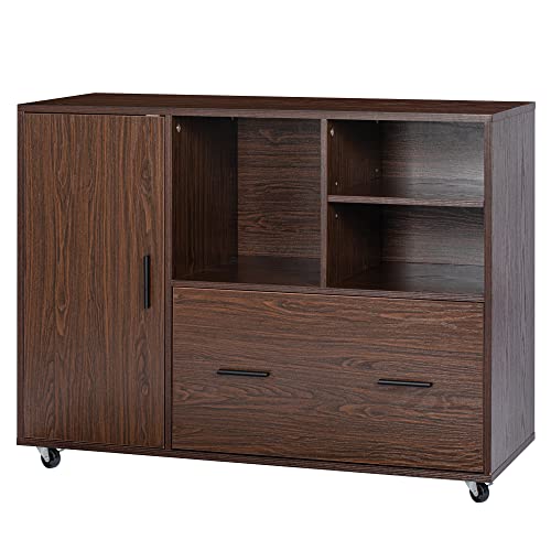 Spirich Office Lateral File Cabinet On Wheels, Wood Mobile Lateral Filing Cabinet With File Drawer And Door, Printer Stand With Open Storage Shelves For Home Office, Walnut #TOP6