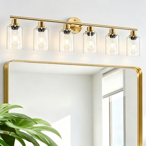 Image of 6-Light E26 Gold Bathroom Vanity Lights, Modern Bathroom Light Fixtures with Clear Glass Shade, Wall Lamps for Mirror Hallway Kitchen Cabinet Living Room Sconces Lights