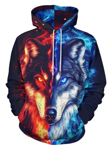 BarbedRose Mens Digital Print Sweatshirts Hooded Top Galaxy Pattern Hoodie Red Blue Flame Wolf S/M