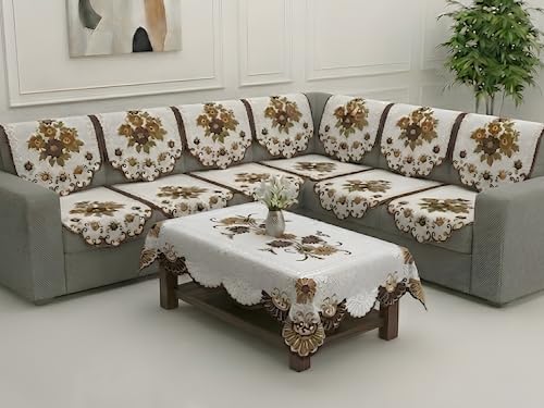 Image of Fab Nation Sofa Cover L Shape 6 Seater with Corner L Type Fully Covered Sofa Set for Living Room | Cotton Sofa Slipcovers for 3 + 3 Seaters Cover with 1 Table Cover | Brown