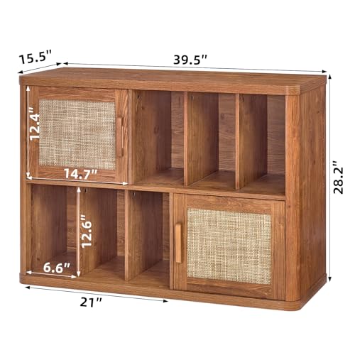 Image of LEYAOYAO Large Record Player Stand with Vinyl Storage Up to 450 Albums, 39.5 inch Wood Rattan Boho Record Storage Accent Cabinet, Modern Stereo Media Cabinets, Turntable Stand for Living Room, Tea Brown