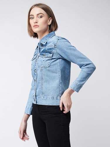 Image of Miss Chase Women's Polo Neck Full Sleeves Patch Pocket Denim Overcoat Knee-Length Jacket