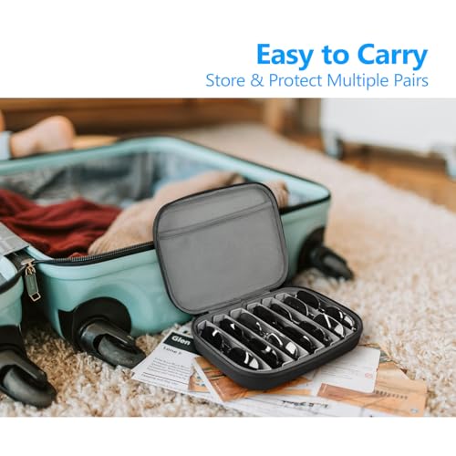Image of JSVER Hard Shell Sunglasses Case, Portable Sunglasses Organizer With Adjustable Slots, Black and Gray Checkered EVA and Velvet Material, Holds Up to 7 Pairs