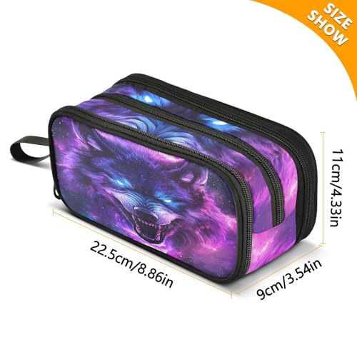 Image of Blue Eyes Wolf Purple Galaxy Pencil Case Box Boys Girls Large Pencil Pouch Zipper Compartments Big Capacity Stationery Pen Bag Organizer for Kids Teens Adults School Office