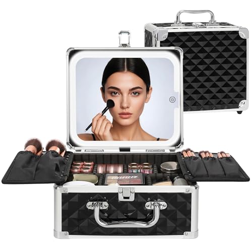 Image of Relavel Makeup Bag with LED Mirror, Makeup Box Travel Train Case with Rechargeable Lighted Mirror, Cosmetic Brush Organizer Storage for Makeup Artists Gifts for Women and Girls (Black Quilted, Small)