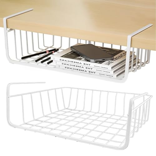 CYEER 2 cestas colgantes de metal de 30 cm, cesta de almacenamiento, cesta colgante para estantería, para cocina, despensa, oficina, escritorio, color blanco