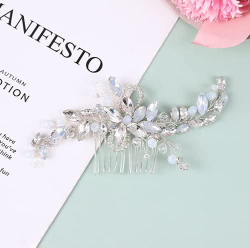 Wedding Hair Comb Silver Blue Rhinestones Opal Crystal Vintage Bridal Clips Hairpiece Handband Accessories for Brides Flower Girl Bridal Hair Pieces - Image 2