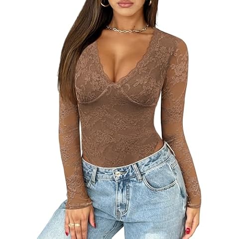 Saslax Women's Lace Bodysuit Sexy Deep V Neck Long Sleeve Body Suits Slim Fit Double Lined Y2K Going Out TopsBrown M Cover