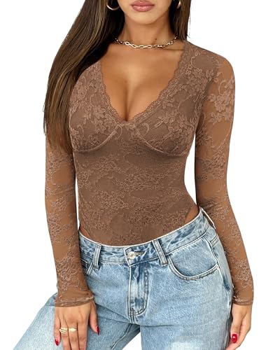Saslax Women's Lace Bodysuit Sexy Deep V Neck Long Sleeve Body Suits Shapewear Slim Fit Double Lined Y2K Going Out Tops, Brown, Medium Saslax Women's Lace Bodysuit Sexy Deep V Neck Long Sleeve Body Suits Shapewear Slim Fit Double Lined Y2K Going Out Tops, Brown, Medium
