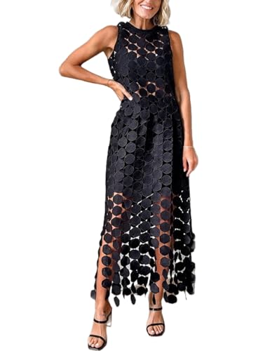 Womens Solid Polka Dot Hollow Out Maxi Skirts High Waisted Boho Fringe Hem Skirt Beach Vacation Work Outfits2